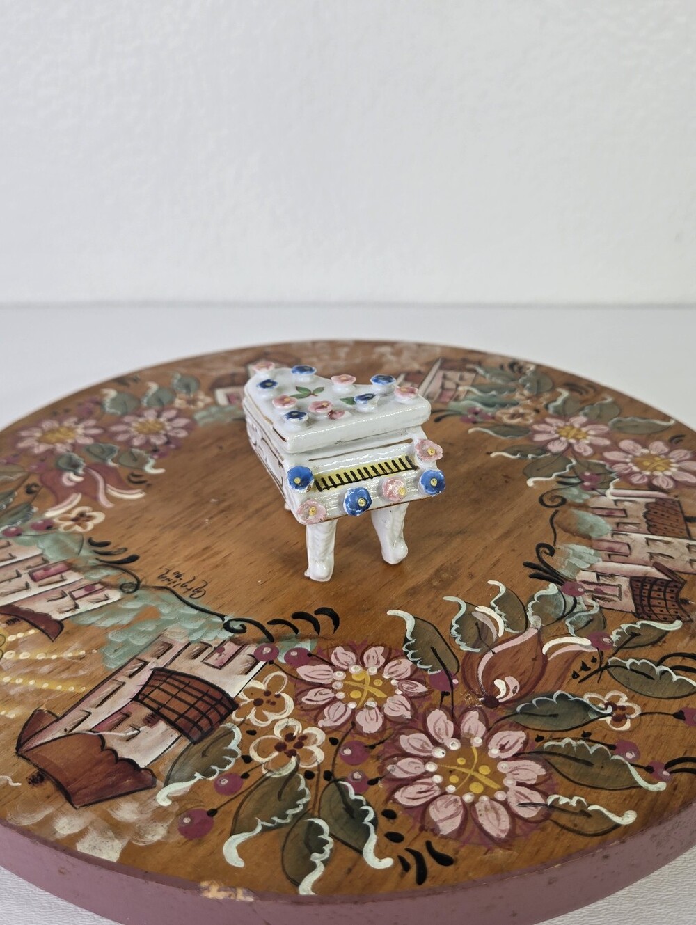 VTG Porcelain Piano Trinket Box Hand Painted Floral Japan Miniature Jewelry Doll